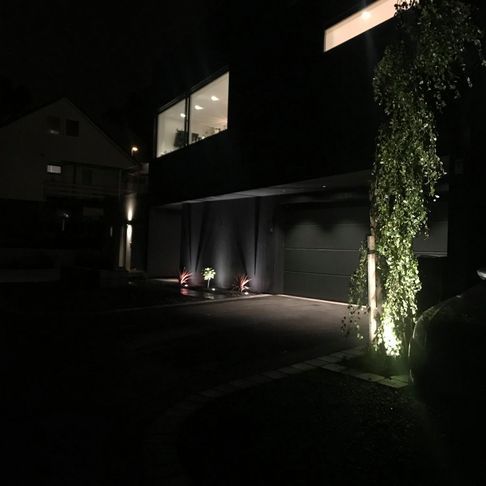 En Innkjørsel til et hus som har lys på garasjeportene, noe av utsiden av huset og en busk som går opp langs husveggen